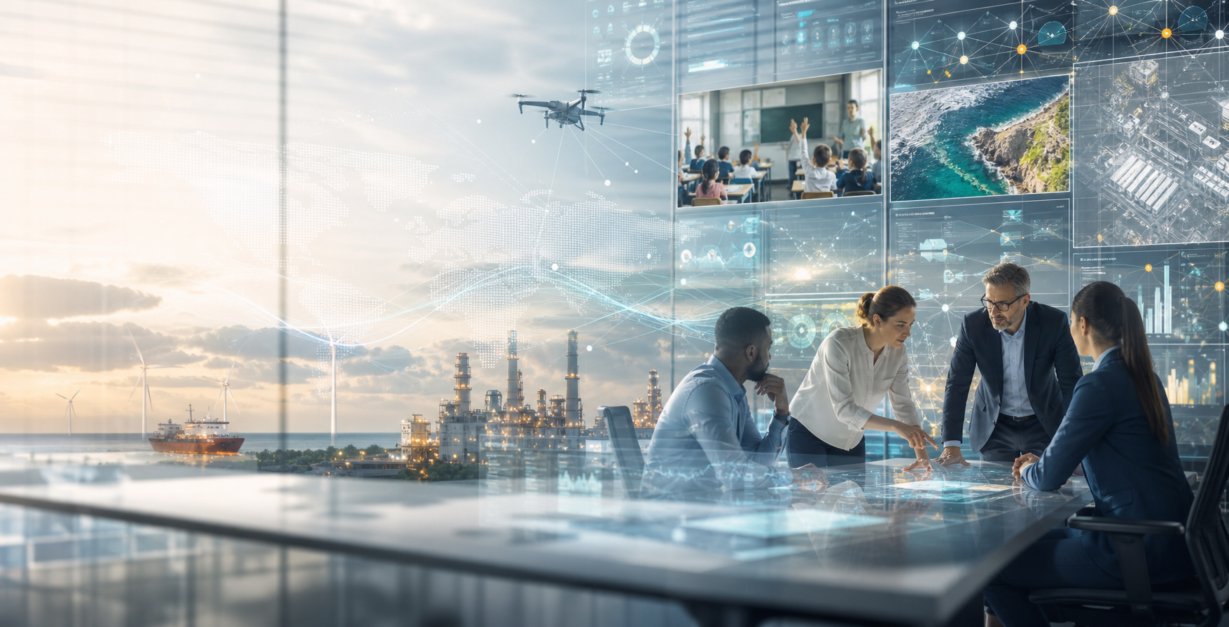 AI command view connecting industrial, coastal, education, energy, and drone intelligence.
